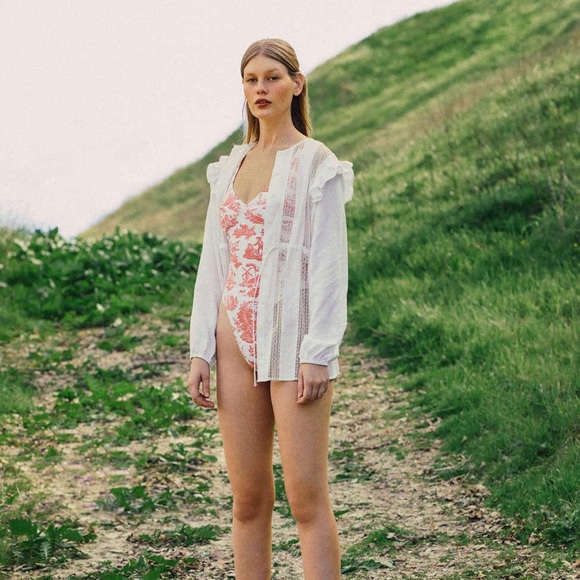 Boho Gauze Eyelet Inset Tie-Front Blouse - Picture 3 of 5